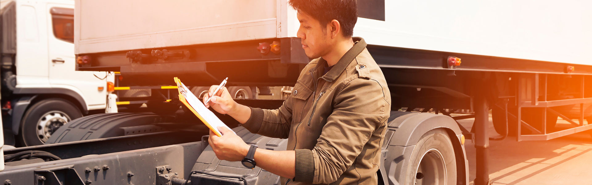 man with clip board looking at semi truck
