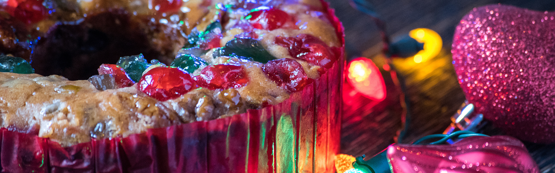 fruitcake and holiday lights