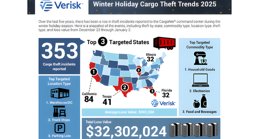 Cargo theft spikes between Christmas and New Year’s, according to Verisk CargoNet. Carriers are urged to tighten pickup verification, reduce dwell time, and strengthen security during peak holiday risk days.