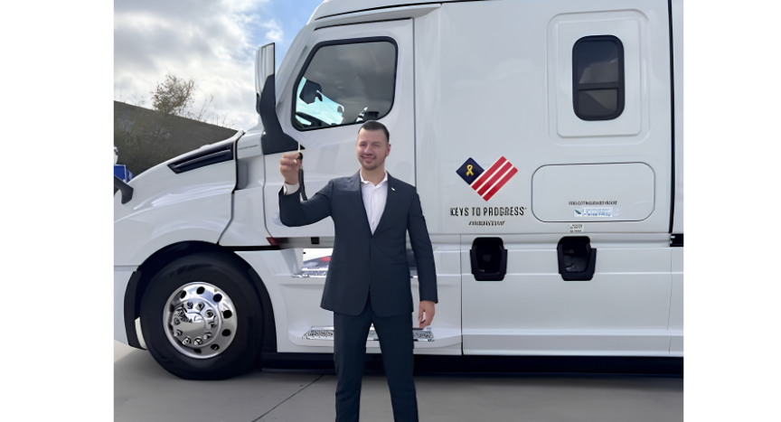 Army veteran and professional truck driver Fahad Al-Kadhim received a 2024 Freightliner Cascadia to help him launch his own trucking business.