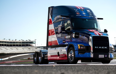 Three Mack Pioneer haulers received fan-selected patriotic wraps as part of NASCAR Salutes, featuring all six branches of the U.S. military during the 2026 season.
