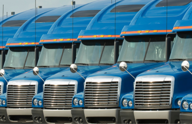 line of blue semi trucks