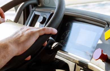 steering wheel and dash of semi truck