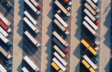 aerial view of parked semi trucks