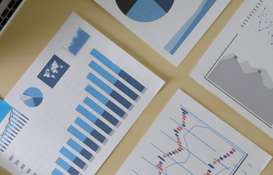 Research, charts and information spread out on desk