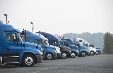 Profiles of different big rigs semi trucks standing in row on parking lot