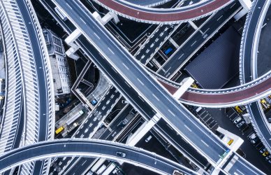 Aerial shooting in the junction area.A highway in Japan.